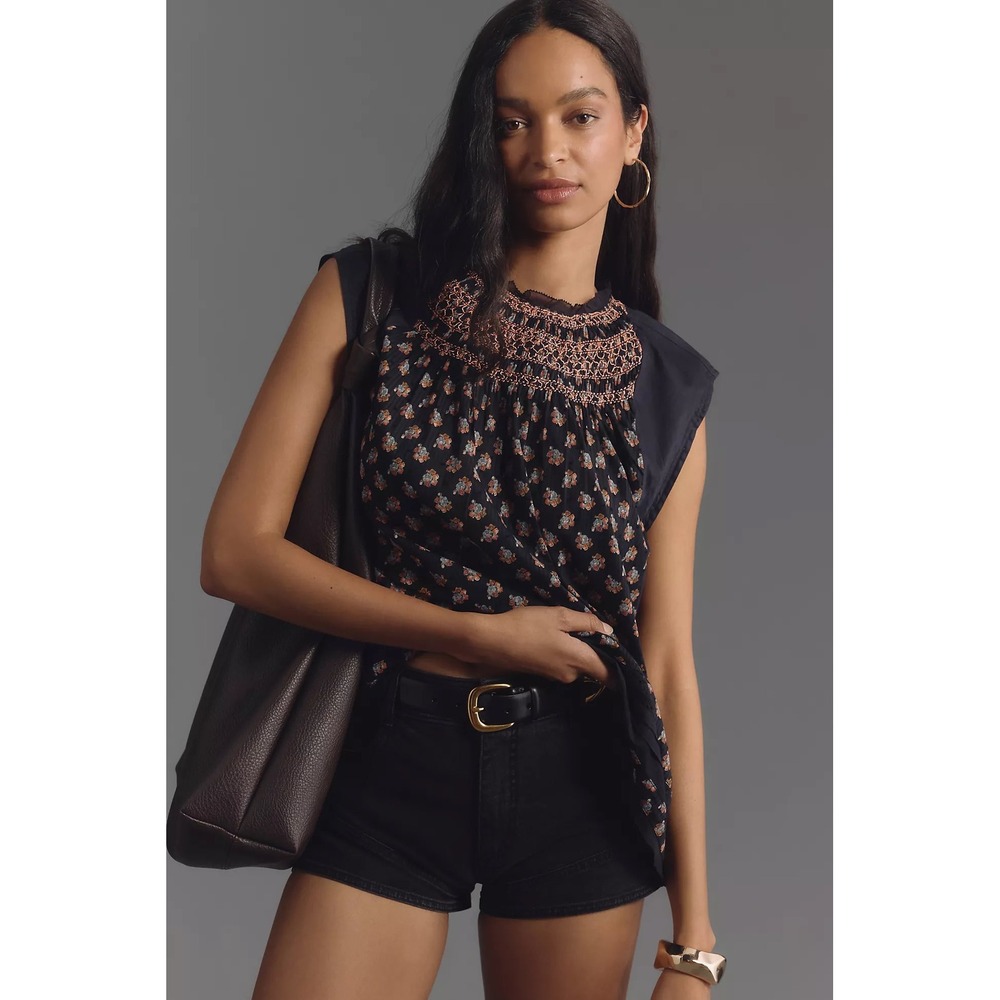 Anthropologie Smocked Muscle Swing Floral Sleeveless Blouse Black Pink Ribbon S
